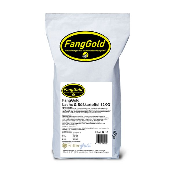 FangGold – Lachs & Süsskartoffel – Unser Trockenfutter mit einem hohen Anteil an getrocknetem Lachs und Süsskartoffeln bietet eine ausgewogene Ernährung