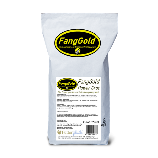 as Power Croc Trockenfutter von FangGold ist eine hochwertige, energiegeladene Vollnahrung, die speziell auf die Bedürfnisse von aktiven Hunden. Mit einem Fleischanteil von 40% aus dreierlei hochwertiger Eiweissquellen und einem genfreien & glutenfreien Kohlehydratanteil aus Mais und Erbsen ist für eine ausdauernde kontinuierliche Leistung gesorgt.