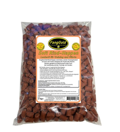 FangGold Soft Rind Happen sind kleine, weiche und halbfeuchte Trainingsleckerli mit einer sehr hohen Akzeptanz für Hunde aller Rassen.