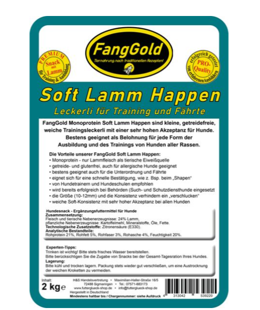 Die FangGold Soft Lamm Happen sind besonders weiche und aromatische Trainingssnacks für Hunde – perfekt als schnelle Belohnung beim Lernen, Spielen oder Spazierengehen. Mit feinem Lammfleisch als Hauptzutat überzeugen sie selbst wählerische Hunde durch ihren intensiven Geschmack.