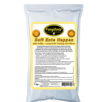 FangGold – Soft-Happen Ente sind kleine, weiche und halbfeuchte Trainingsleckerli mit einer sehr hohen Akzeptanz und vollem Geschmack!
